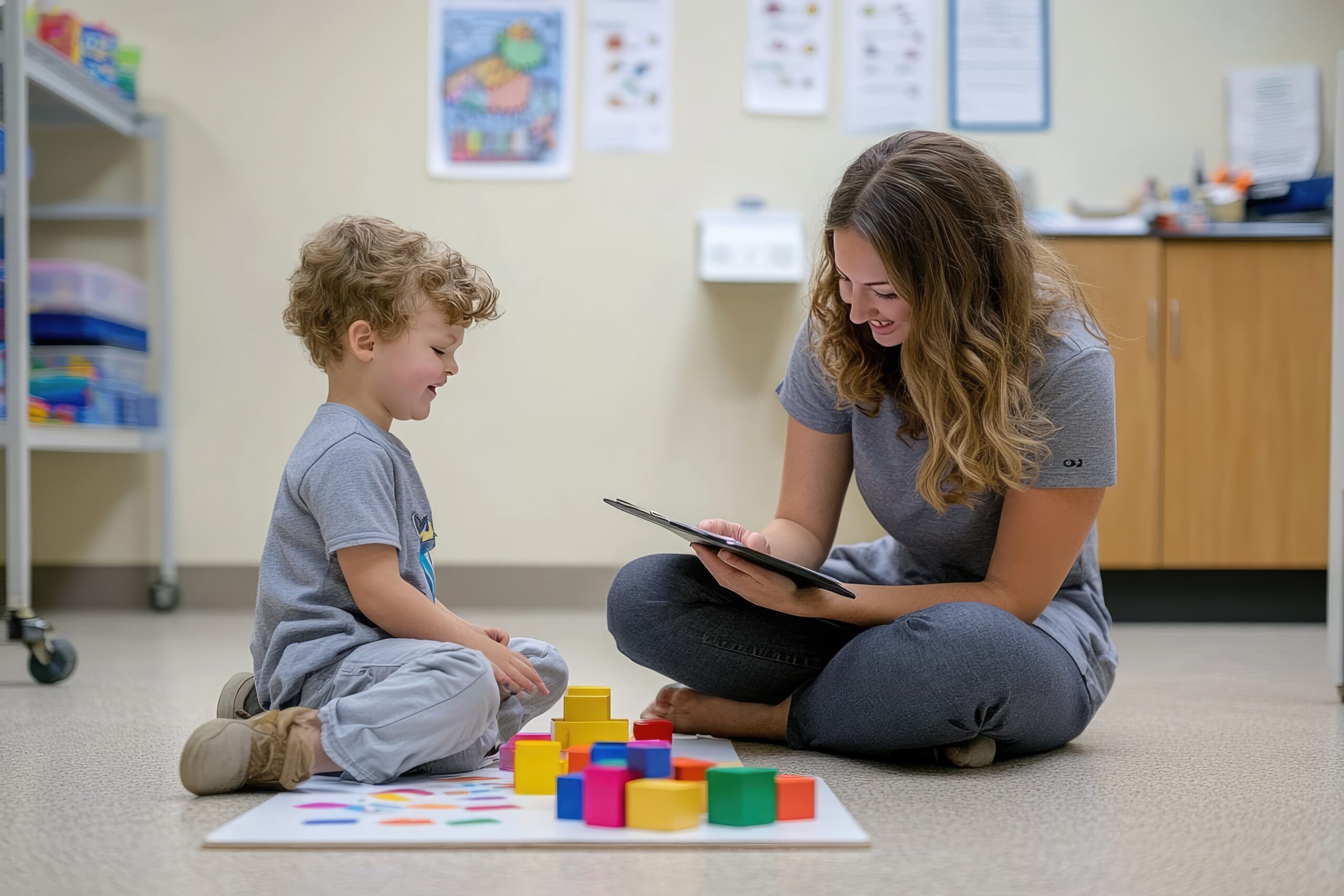 Pediatrician conducting a child development assessment in a playroom.
